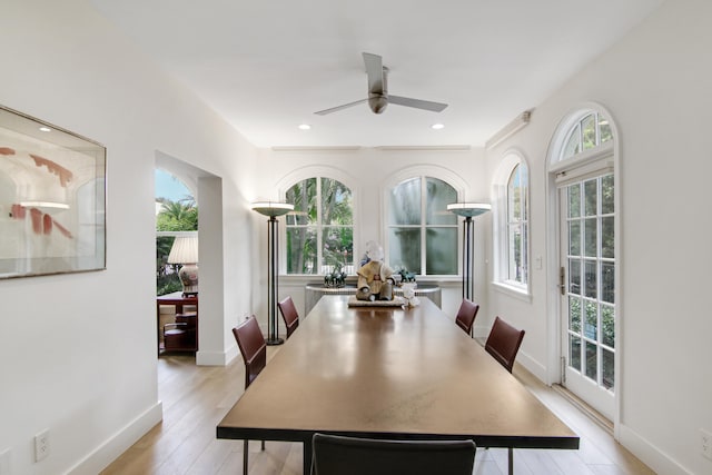 dining space featuring light hardwood / wood-style flooring and ceiling fan