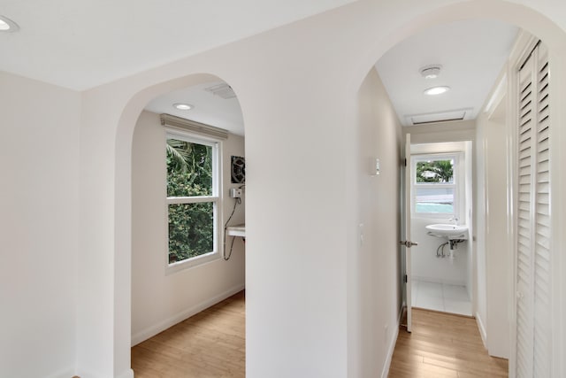 corridor featuring light hardwood / wood-style flooring and a healthy amount of sunlight