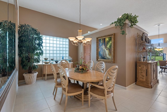 dining area featuring a chandelier, light tile patterned floors, and a textured ceiling