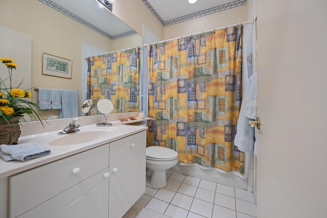 full bathroom featuring tile patterned floors, vanity, toilet, and shower / bath combo with shower curtain