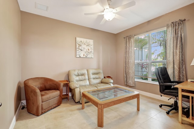 office area featuring plenty of natural light and ceiling fan