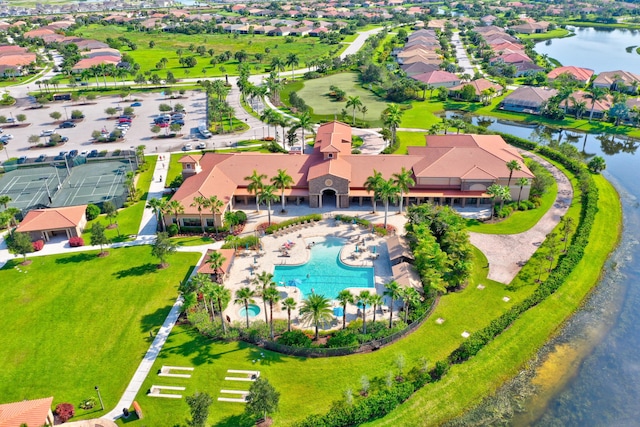 bird's eye view with a water view