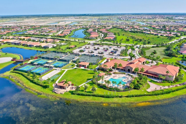 bird's eye view with a water view