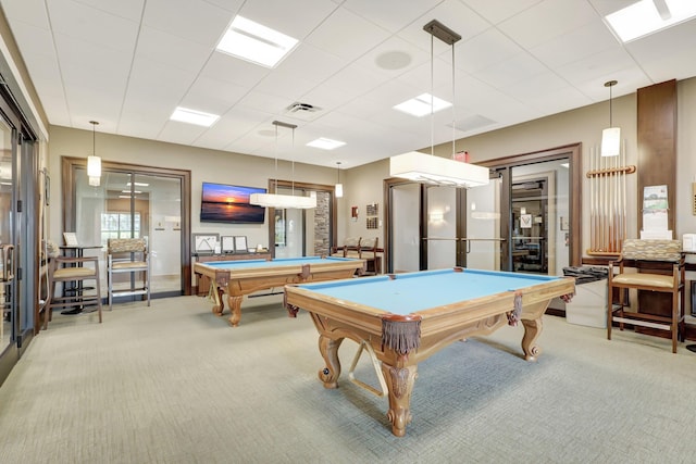 game room featuring light carpet, pool table, and french doors