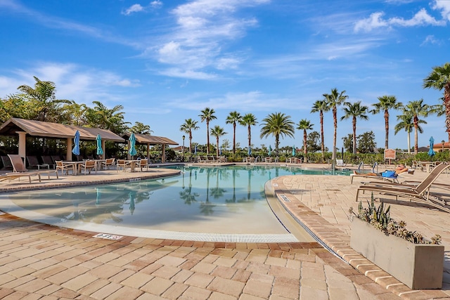 view of pool featuring a gazebo and a patio