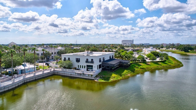 drone / aerial view featuring a water view