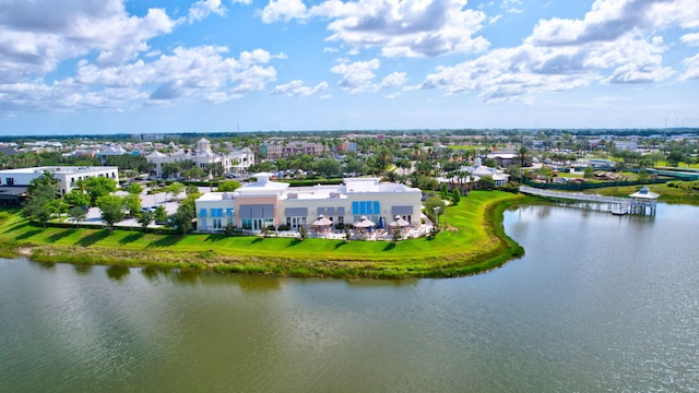 bird's eye view with a water view