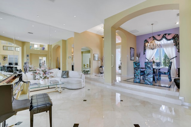 living room with a chandelier