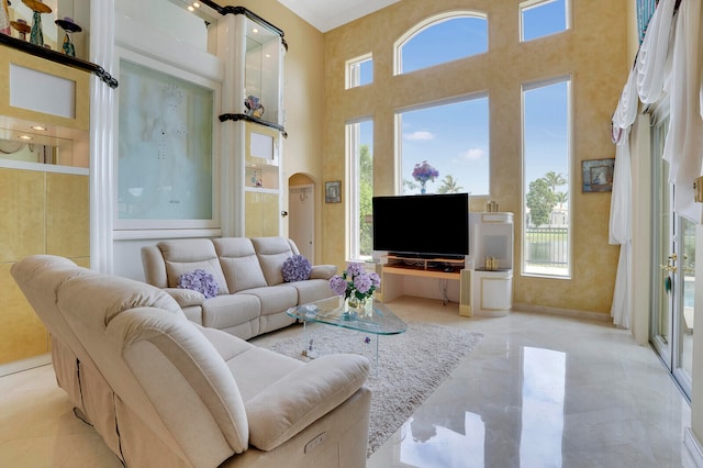 living room featuring a towering ceiling