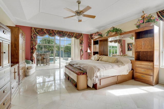 bedroom with access to exterior, multiple windows, ornamental molding, and ceiling fan