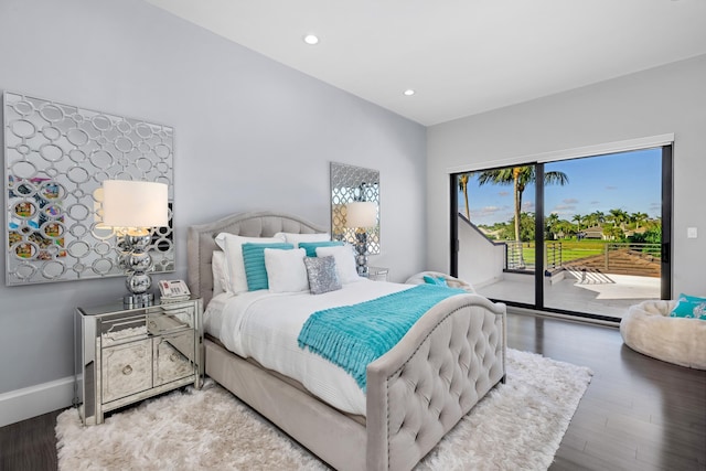 bedroom with access to exterior and wood-type flooring