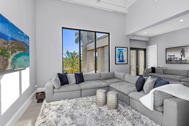 living room featuring french doors and light hardwood / wood-style floors