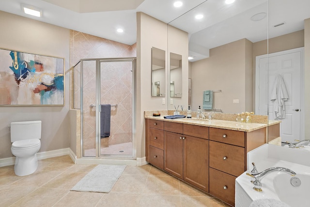 full bathroom with separate shower and tub, tile patterned flooring, vanity, and toilet