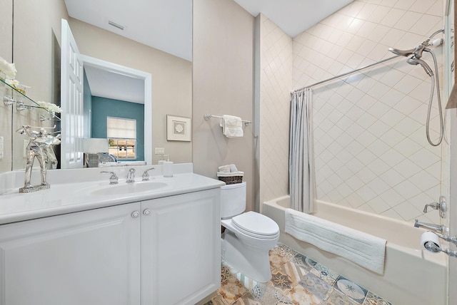 full bathroom with vanity, shower / bathtub combination with curtain, and toilet