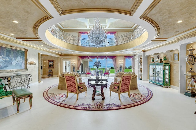 477 S Beach Rd, Jupiter Island, FL 33455 - common area featuring ornamental molding, a towering ceiling, coffered ceiling, and recessed lighting
