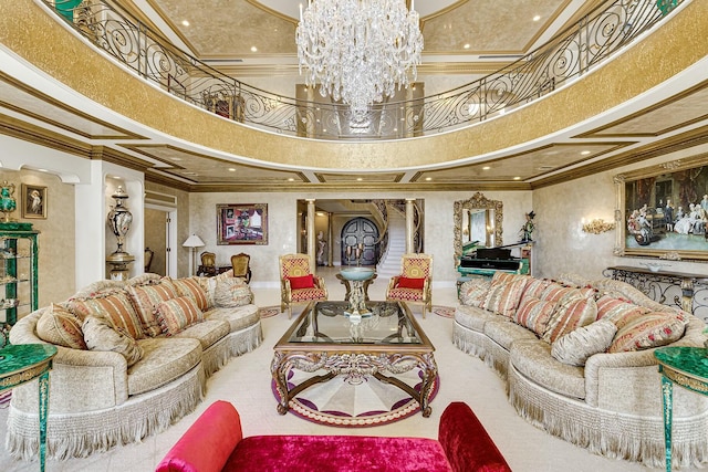 477 S Beach Rd, Jupiter Island, FL 33455 - carpeted living area with a chandelier, a high ceiling, ornamental molding, and ornate columns