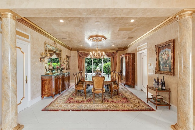 477 S Beach Rd, Jupiter Island, FL 33455 - dining space with crown molding, a chandelier, ornate columns, and baseboards