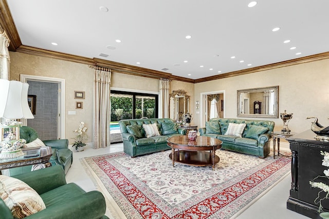 living room with ornamental molding