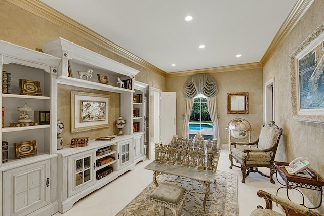 sitting room featuring ornamental molding and light tile patterned floors