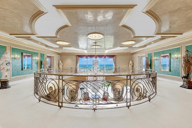 477 S Beach Rd, Jupiter Island, FL 33455 - corridor featuring ornamental molding, an upstairs landing, a chandelier, coffered ceiling, and tile patterned flooring