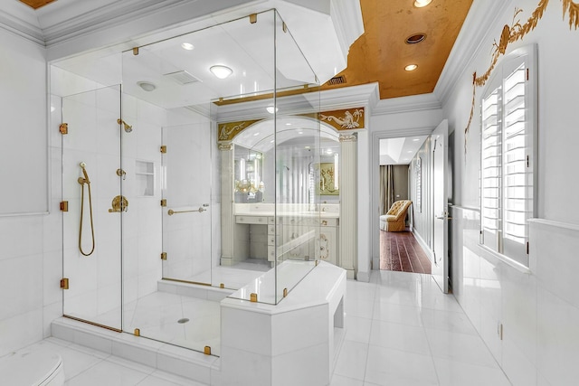 477 S Beach Rd, Jupiter Island, FL 33455 - full bathroom with a shower stall, tile patterned floors, crown molding, and recessed lighting