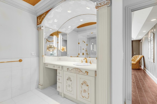 477 S Beach Rd, Jupiter Island, FL 33455 - bathroom featuring vanity, a stall shower, and wood finished floors