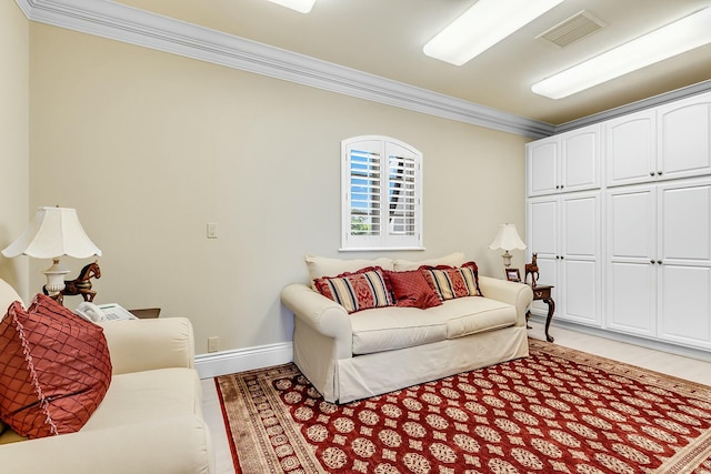 living room with crown molding