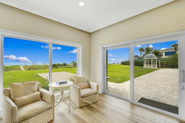477 S Beach Rd, Jupiter Island, FL 33455 - living area featuring wood finished floors, crown molding, and recessed lighting