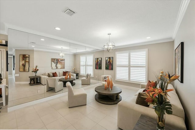 living room with crown molding and a notable chandelier