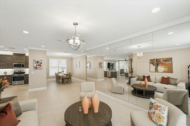 tiled living room featuring a chandelier and ornamental molding