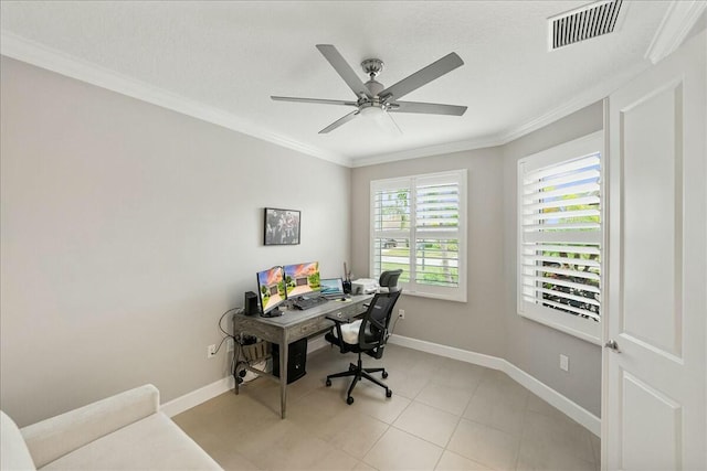 office featuring ceiling fan, ornamental molding, and a textured ceiling