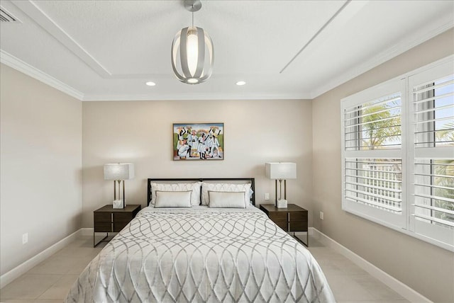 bedroom with ornamental molding and light tile patterned flooring