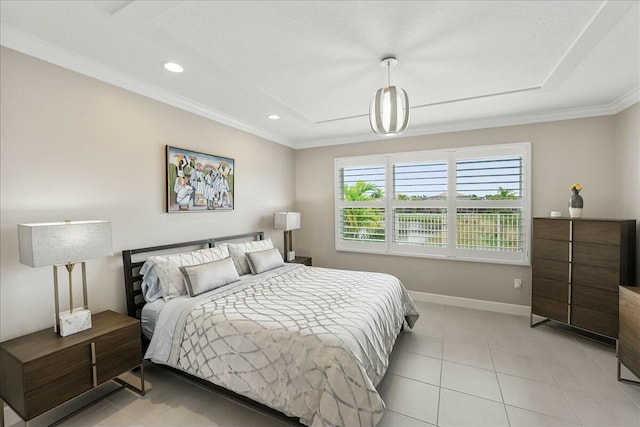 bedroom featuring light tile patterned floors and ornamental molding