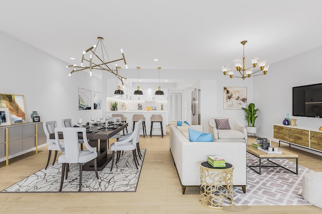 living room featuring a notable chandelier and light hardwood / wood-style floors