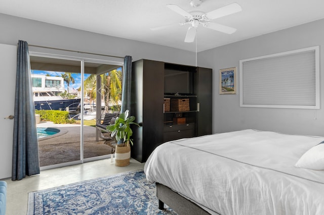 bedroom featuring access to outside and ceiling fan