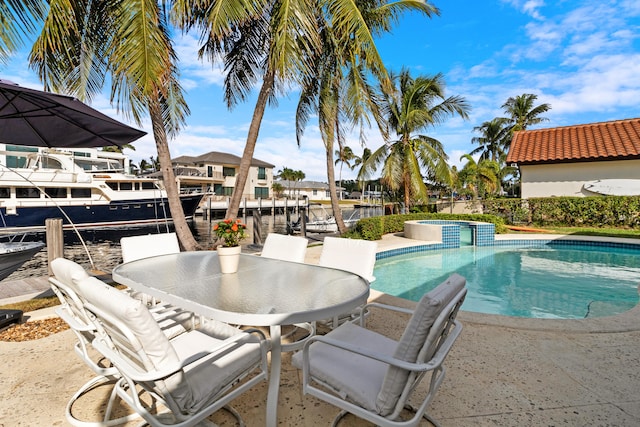 view of swimming pool with a water view