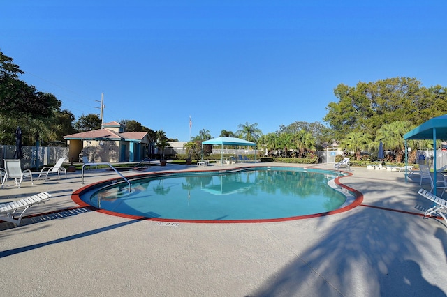 view of swimming pool featuring a patio area