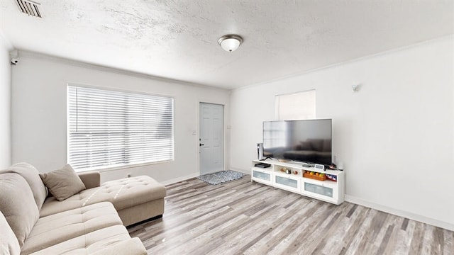 living room featuring light hardwood / wood-style floors, a textured ceiling, and ornamental molding