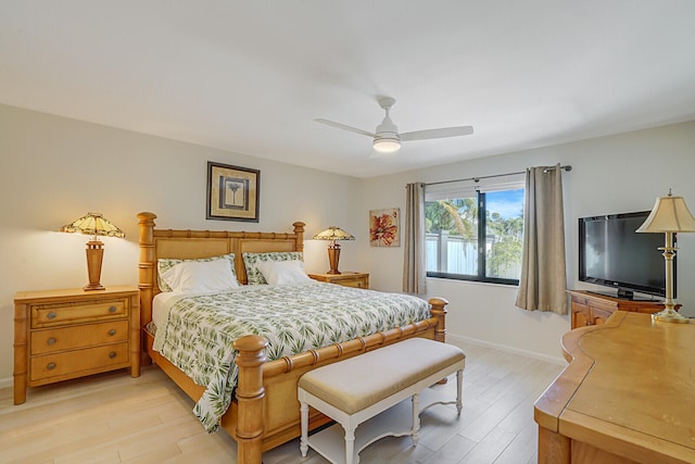 bedroom with ceiling fan and light wood-type flooring