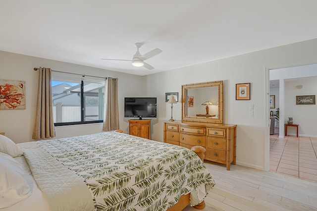 bedroom with light hardwood / wood-style floors and ceiling fan