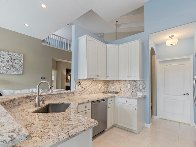 kitchen featuring kitchen peninsula, sink, white cabinets, and stainless steel dishwasher