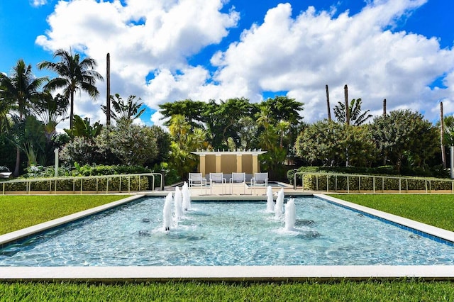 view of swimming pool featuring a yard