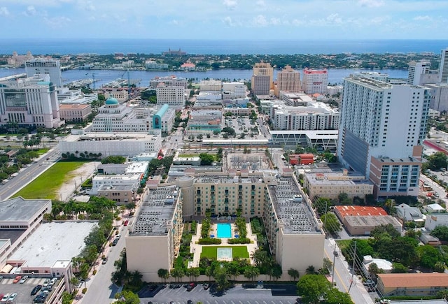 drone / aerial view featuring a water view