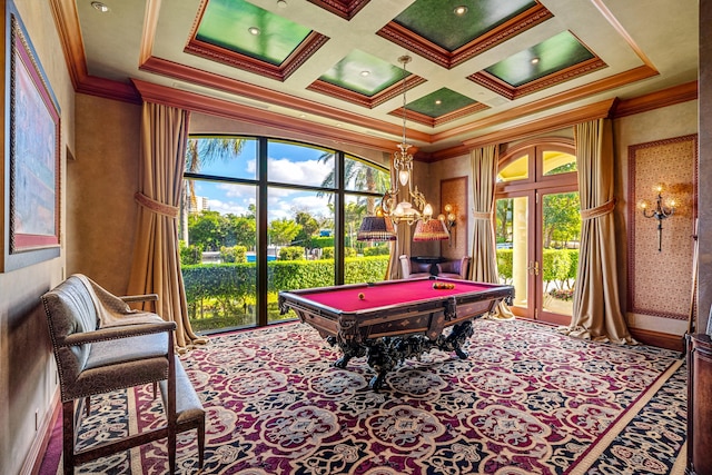 recreation room featuring pool table, coffered ceiling, beamed ceiling, carpet, and ornamental molding