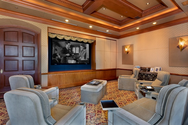 cinema room featuring beamed ceiling, ornamental molding, and coffered ceiling