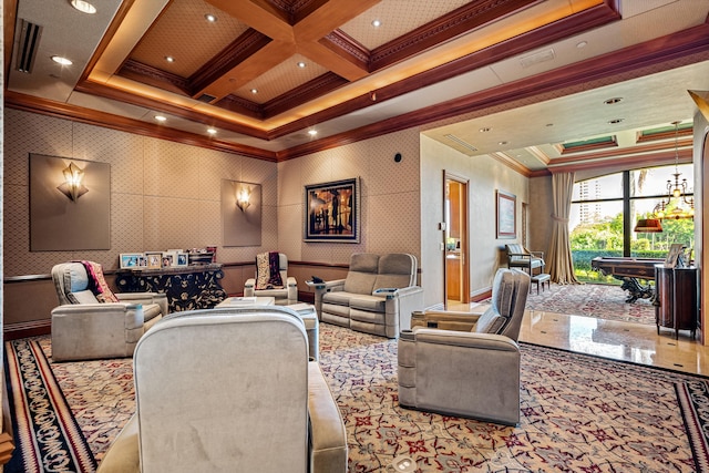 interior space featuring beamed ceiling, ornamental molding, coffered ceiling, and pool table