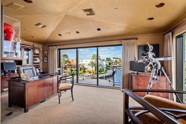 home office featuring light carpet, lofted ceiling, and wood ceiling