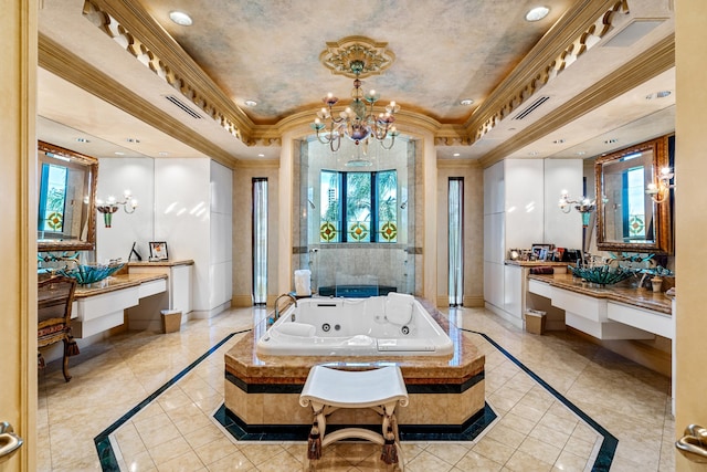 bathroom with a chandelier, vanity, a relaxing tiled tub, and ornamental molding