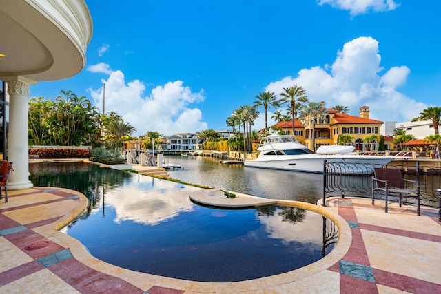 view of swimming pool featuring a water view and a dock