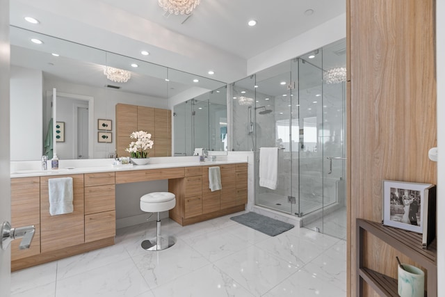 bathroom featuring vanity and walk in shower